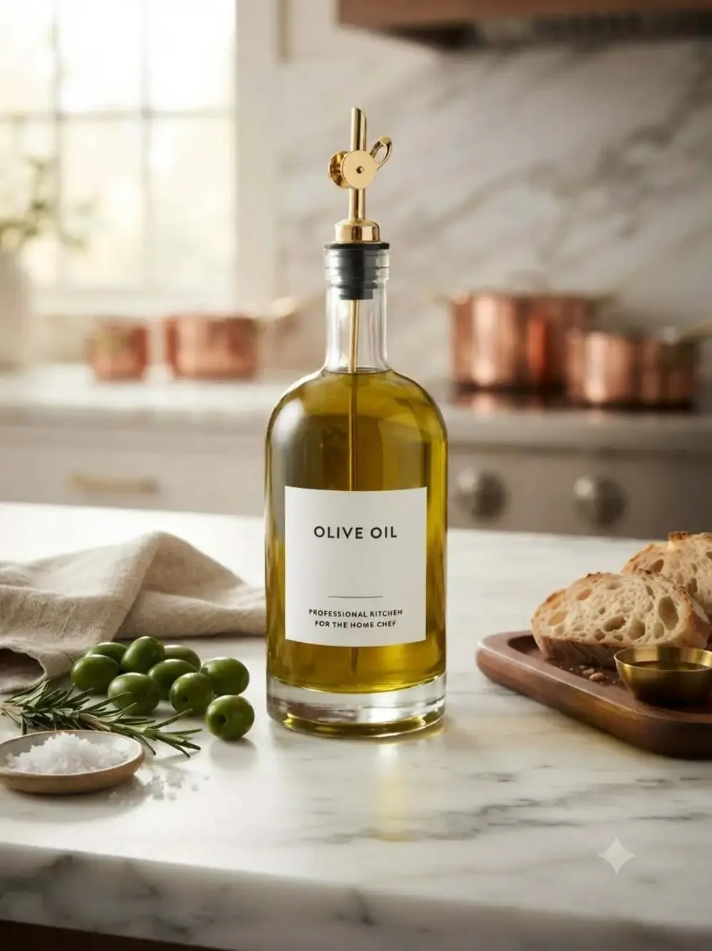 Olive Oil Dispenser Bottles 16.9 oz Set of 2 with 55 Labels Gold Pourer Spout
